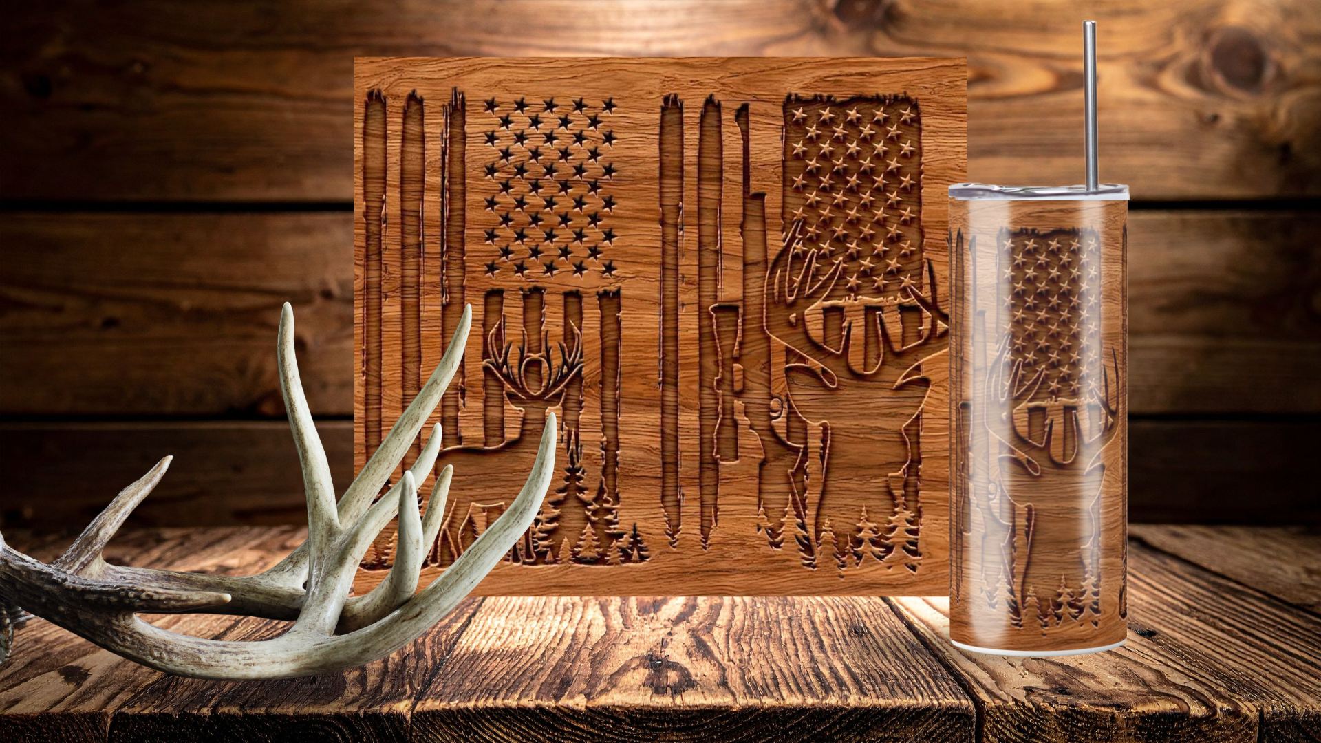 20 oz Skinny Tumbler Wood Grain Deer